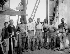 The Team of Carpenters, Working on the Restoration of the Abbey of Septfontaines, Bourmont en Haute-Marne, Posing with Their Tools, Around 1890. Photography. Ducos Collection