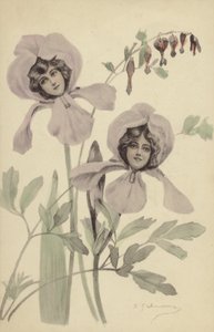 Two Iris Flowers Each Containing the Face of a Young Woman by French Photographer