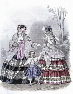 2 Fashionable Women with a Girl on a Walk - in Journal des Demoiselles 1852