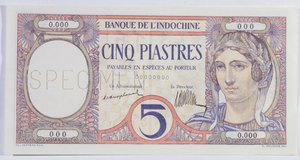 5 Piastres banknote, from the Indo-China bank by French School