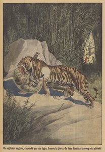 A British officer, carried off by a tiger, finds the strength to kill the animal with his pistol by French School