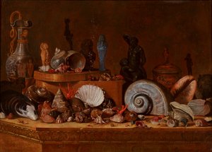 A Cabinet of Curiosities: Shells with Coral and a Wooden Box as well as Antiquities Including an Egyptian Ushabti on a Stone Plinth by French School