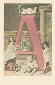 Four young children, a cage and a cacatoes by French School