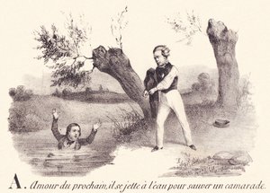 A: Love of neighbor, he throws himself into the water to save a comrade by French School