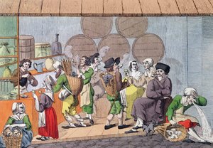 A Meeting of Artists, Mudscrapers and Rag Merchants, caricature of a popular cafe at the Palais Royal in Paris by French School