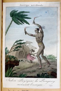 A Payaguas indian shaman attempting to turn away a hurricane, Paraguay