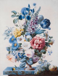 A Vase of Flowers on a Ledge with Grapes and Peaches by French School