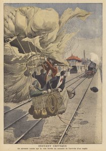 A balloon landing on a railway line in the path of an approaching express train