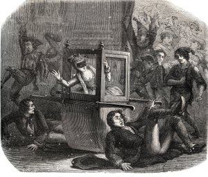 A band of jokers keeps Marie-Therese Le Vasseur (1721-1801), a costume for the Carnival, from advancing in her wheelchair. She