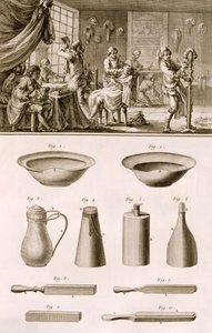 A barbershop and barber tools, from the Encyclopedie des Sciences et Metiers by Denis Diderot published c.1770 by French School