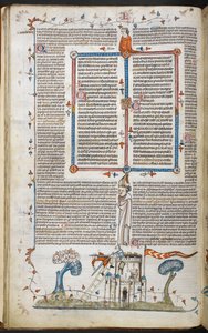 A bas-de-page scene of a man attempting to invade a castle, being killed by one of the defenders, from the Smithfield Decretals