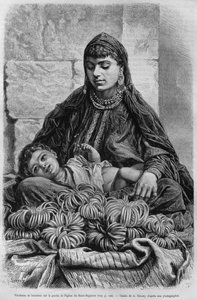 A bracelet seller near the Church of the Holy Sepulchre, from La Syrie daujourdhui. Voyages dans la Phenicie, le Liban et la Judee. 1875-1880 by Louis Charles Emile Lortet, 1884