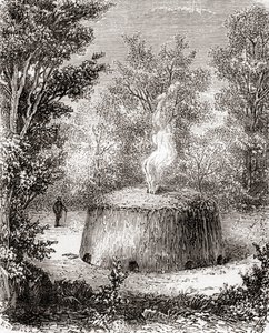 A charcoal kiln in the forest, after a 19th century drawing, from Les Merveilles de la Science, published c.1870 by French School