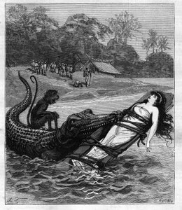 A Crocodile Grabs a Wooden Board to Which a Woman is Attached