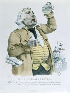 A doctor examining urine by French School