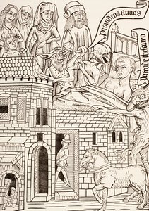 A dying sinner surrounded by his family and two devils whisper in his ear, page from the 15th century text Ars Moriendi or The Art of Dying, from Les Artes au Moyen Age, published 1873