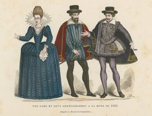 A lady and two gentlemen in the fashion of 1605 by French School