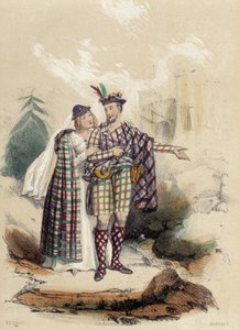 A man carrying a kilt and his companion in front of a castle; illustration for Scotland - in “The Twelve Nations” by M.E. Fouinet