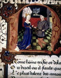 A man offers a ring to a lady (lettrine “n”).