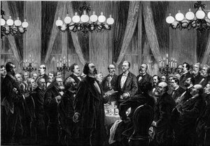 A meeting of the Societe du Caveau in 1879, where personalities from the scene gather for a singing dinner where each one composes songs.