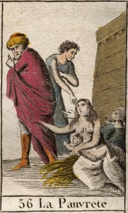 Representation of Poverty, barefoot and clothed in shards, sitting on straw. From “Mythology of Youth” by Pierre Blanchard 1803. by French School