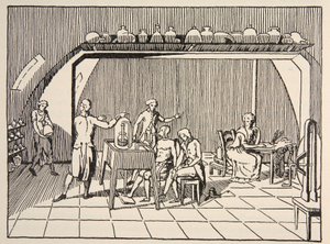 A respiration experiment in the laboratory of Lavoisier, illustration from Histoire de la Nation Francaise, Sciences, Volumes I & II