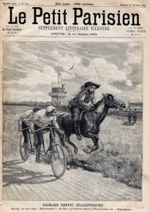 A rider raced against velocipedists: William Frederic Cody, known as Buffalo Bill, and cyclists Gaby and Fournier in Tandem. In Le Petit Parisien on 11/26/1893 (engraving) by French School