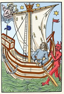A ship among the dangers of the sea. A demon seized the bow while God manifested himself on the left. Engraving from “The Great Calendar and Compost of the Shepherds”, Troyes 1491 by French School