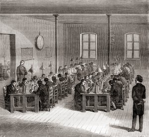 A telegraph station in Paris, France c.1870, from Les Merveilles de la Science, published c.1870 by French School