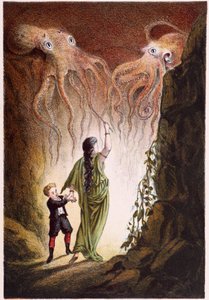 A Woman and a Boy Attacked by Two Giant Octopuses - in Journey to the Bottom of the Sea by H. de la Blanchère