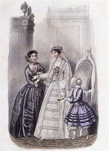 A Woman in a Wedding Dress Surrounded by a Girl and a Lady - in Journal des Demoiselles 1852