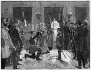 Abdication of King Milan 1st of Serbia (1854-1901), 7 March 1889: the former king takes an oath of obedience and fidelity to his son, Alexander 1st of Serbia (1876-1903), for whom he has just abdicated. Engraving in 