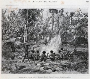 Aborigines under the supervision of a settler, around the fire, from 