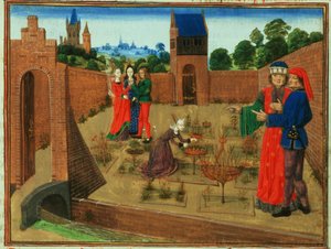 Walled Garden with a Woman Gardening and Others Gossiping, from Livre des Prouffits Champetres et Ruraulx