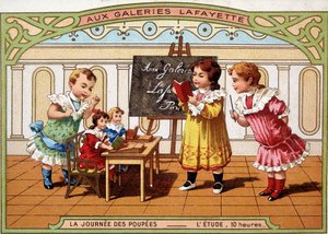Advertising card for Galeries Lafayette: little girls playing as a teacher, with their dolls