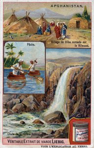 Advertising card showing a nomadic tribe village on the Hilmend, fishermen, and the fall of the Kabul River in Afghanistan. Chromolithography of the 19th century. by French School
