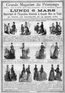 Advertising for the opening of the general exhibition and the sale of summer season newcomers (summer collection) at the Printemps department stores in Paris. Engraving in "L