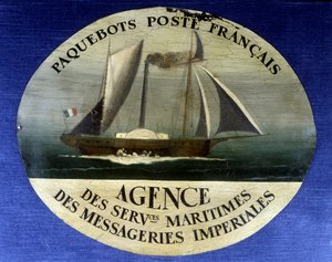 Advertising sign for French mail liner, agency of maritime services of imperiale couriers - painting on wood, late 19th century
