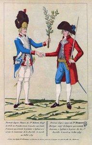 After nature portrait of Sieur Harne, Grenadier and Sieur Humbert, watchmaker. They were the first men to be attacked during the capture of the Bastille on 14 July 1789. Engraving from 1790