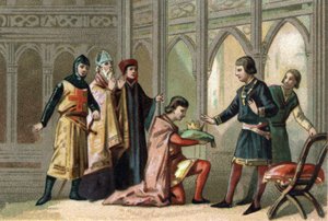 After the death of Louis X, the crown returned to his younger brother, Philippe V dit Le Long. The scene is attended by the three feudal orders