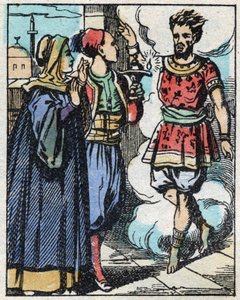 Aladin and his mother rubbed the magic lamp and made the genie appear. Engraving of the tale of Thousand and One Nights Aladin and the Wonderful Lamp. Epinal imaging, late 19th century. Private collection