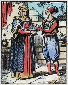 Aladdin Puts Sumptuous Diamonds in a Gold Cup and Sends His Mother to Offer Them to the Sultan to Propose to His Daughter. Engraving of the Tale of Thousand and One Nights 