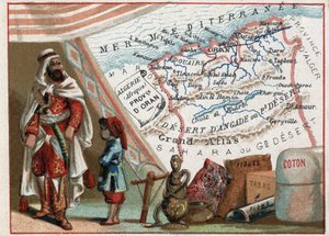 Algeria in Africa and the Province of Oran, France. Series on the French Departments. Import of Figs, Cotton, Tobacco, Agathe and Lead. Chromolithography the geographic thread, circa 1920. Private collection by French School