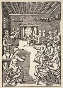 An Alchemy lesson in the 14th century, illustration from Histoire de la Nation Francaise, Sciences, Volumes I & II by French School