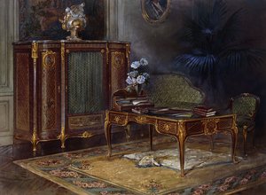An Interior with a Louis XV Style Ormolu-mounted and Parquetry Bureau Plat and Bibliotheque by French School