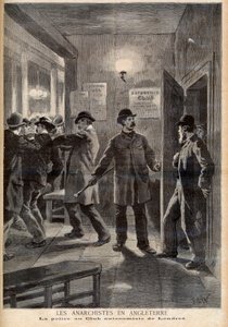 Anarchists in England. The police raiding the Autonomy Club in London. Anarchists in England. Police at the London Autonomist Club. Illustration for Le Petit Journal, 5 March 1894 by French School