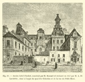 Old Hotel Fieubet, built by H. Mansart and restored in 1857 by M. A. de Lavalette, located at the corner of Quai des Celestins and Rue du Petit-Musc