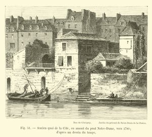 Old quay of the Cite, upstream of the Notre-Dame bridge, around 1780; after a drawing of the time by French School