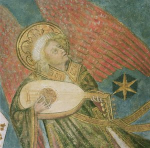 Angel musician playing a lute (detail) by French School