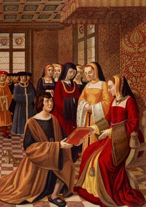 Anne of Brittany (1477-1514) surrounded by her ladies of honor. Chromolithography after a 16th century miniature. Library of Arts Deco, Paris by French School